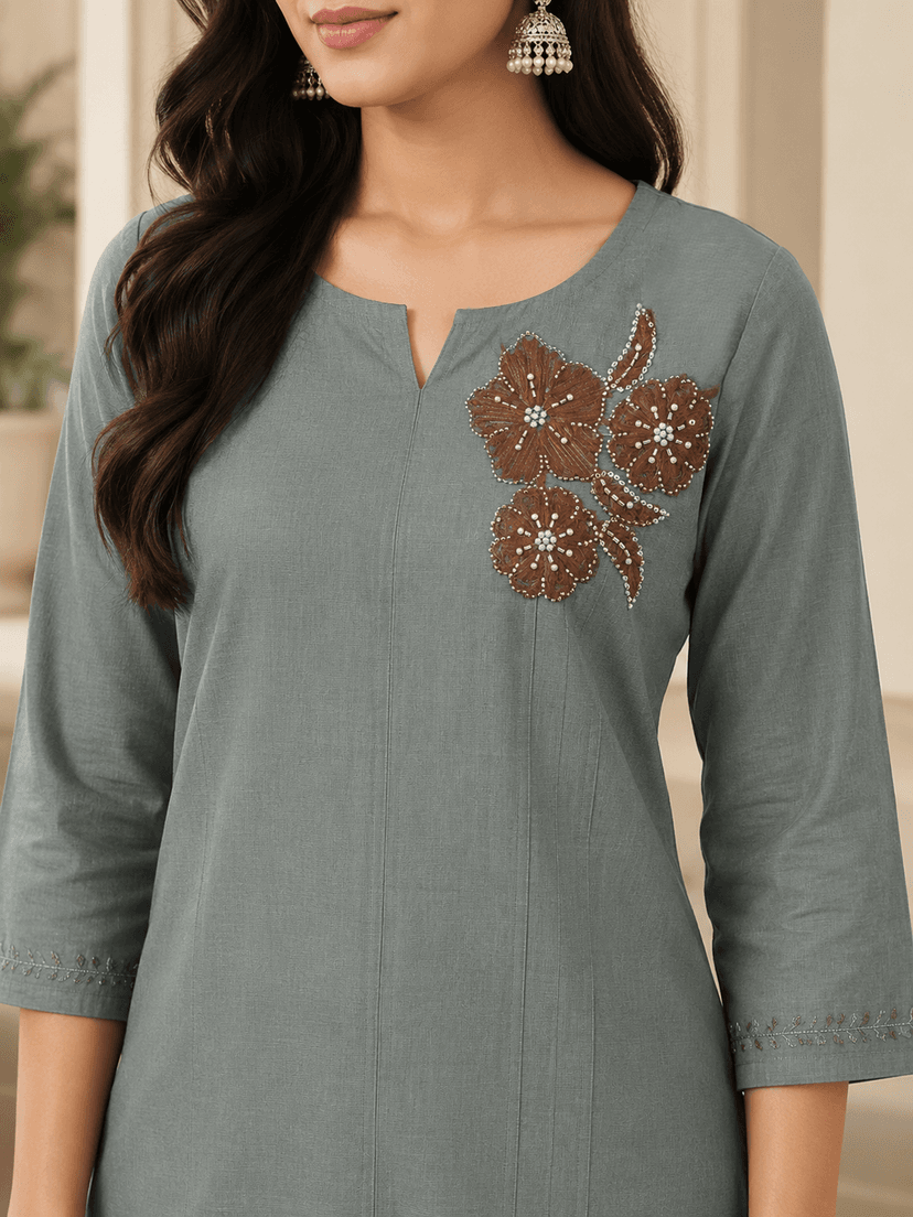 Mocha Brown Floral Pearl & Silver Beaded Embroidery Patch