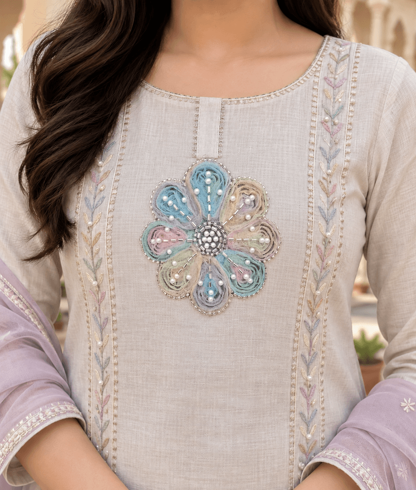 Pastel Multicolor Floral Pearl & Silver Beaded Embroidery Patch